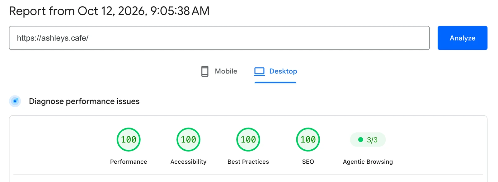 PageSpeed Insights desktop report for ashleys.cafe: Performance 100, Accessibility 100, Best Practices 100, SEO 100