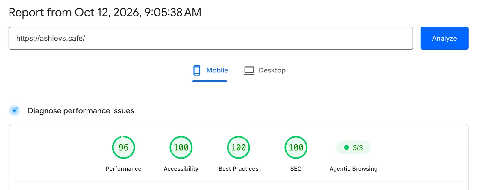PageSpeed Insights mobile report for ashleys.cafe: Performance 96, Accessibility 100, Best Practices 100, SEO 100