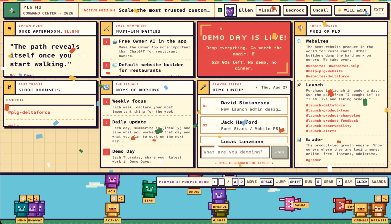 PLG HQ, built on Zeus, with its team dashboard and playable pixel-art bears