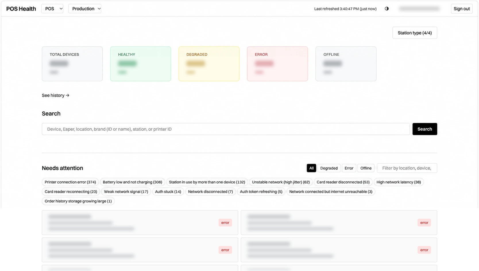 POS health dashboard with device status summaries and a list of issues; sensitive details replaced with placeholders