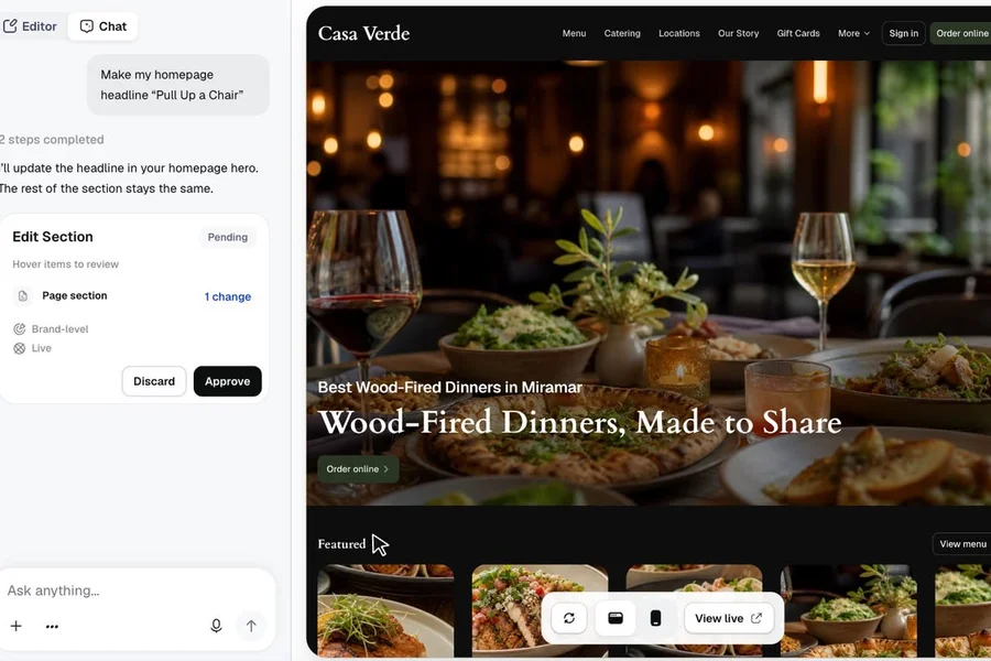 Owner Agent proposing a website edit alongside a restaurant website preview